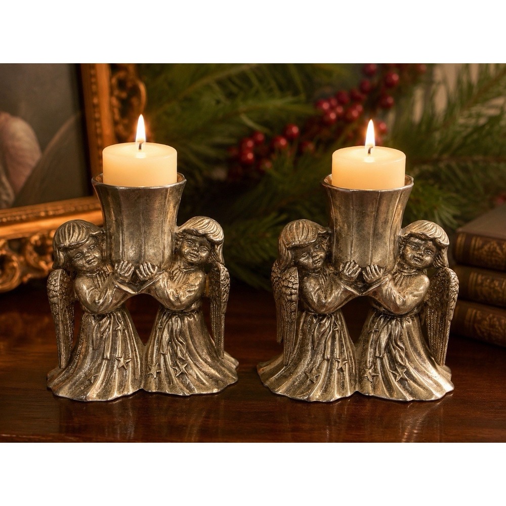 Vintage International Silver Co. Angel Candle Holders Pair‎ Cherub Winged 3.5"